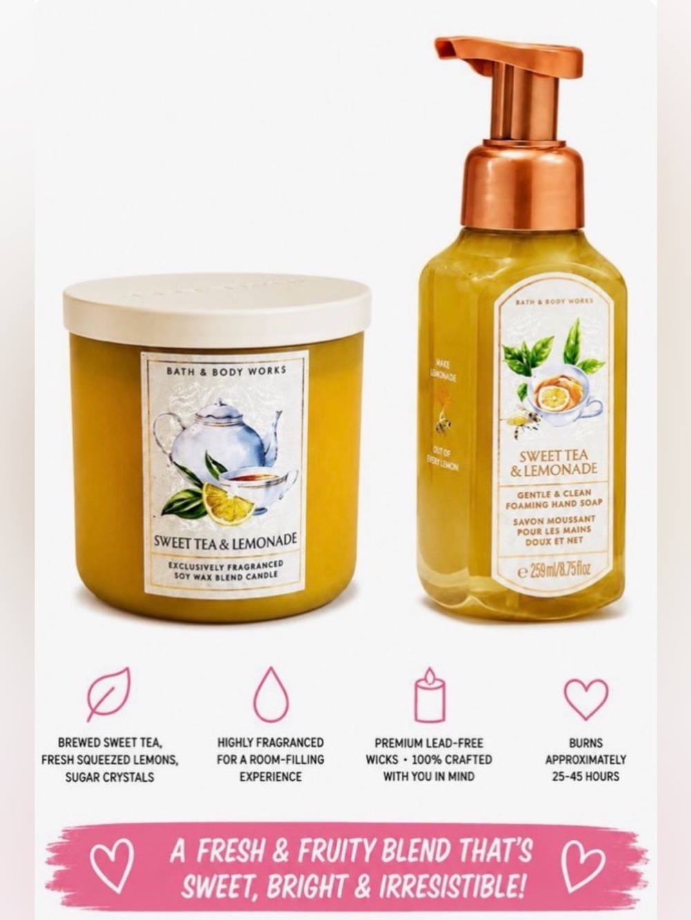 Bath & BodyWorks Limited Edition Sweet Tea & Lemonade 3 Wick Candle & Soap Set